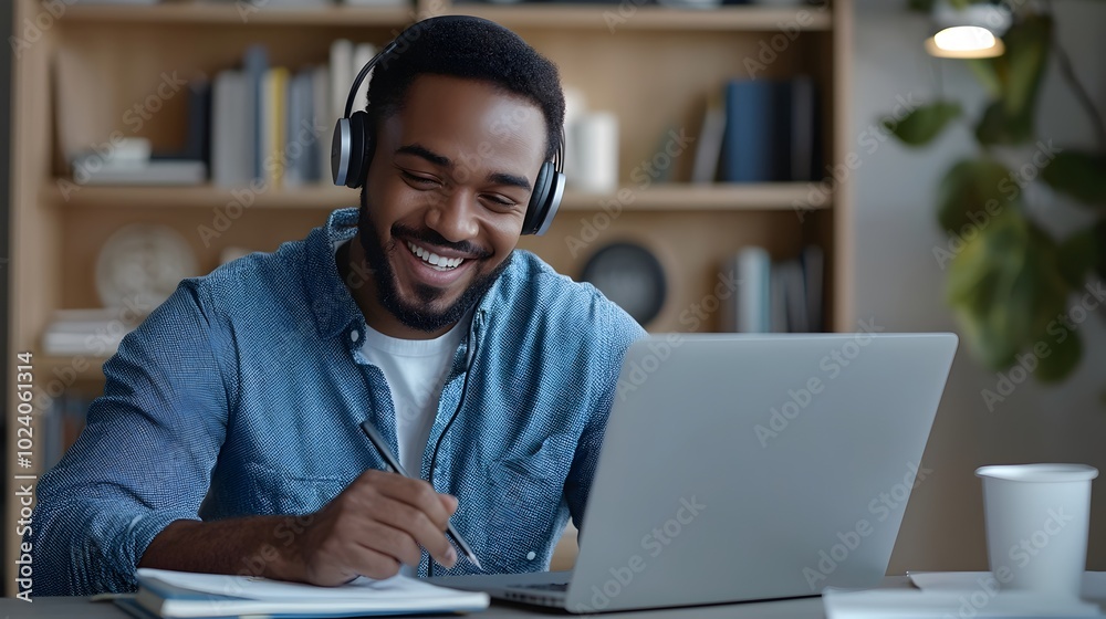 Happy young man in earphones watching an online webinar on his laptop intently making notes as he studies from the comfort of his home Happy young man in earphones watching an online webinar on his laptop intently making notes as he studies from the comfort of his home
