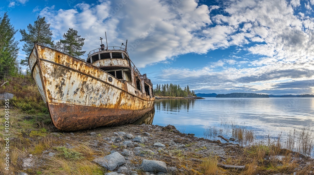Wide-angle view of a weathered, rust-covered abandoned iron ship near a lake. The Pioneer vessel rests along the shores Wide-angle view of a weathered, rust-covered abandoned iron ship near a lake. The Pioneer vessel rests along the shores