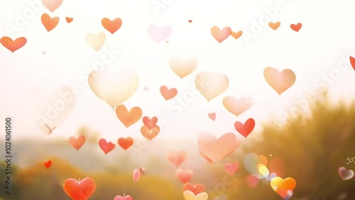 Floating heart shapes in soft sunlight, creating a dreamy and romantic atmosphere with a sense of love in the air
