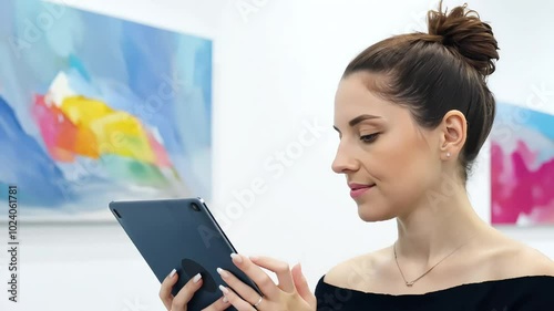 A young woman observing art in a gallery, holding a tablet, capturing the essence of creativity and modern appreciation for art