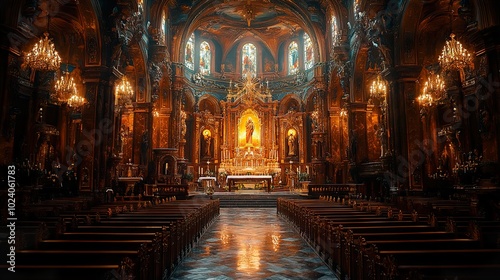 Ornate Church Interior with Golden Altar and Stained Glass Windows