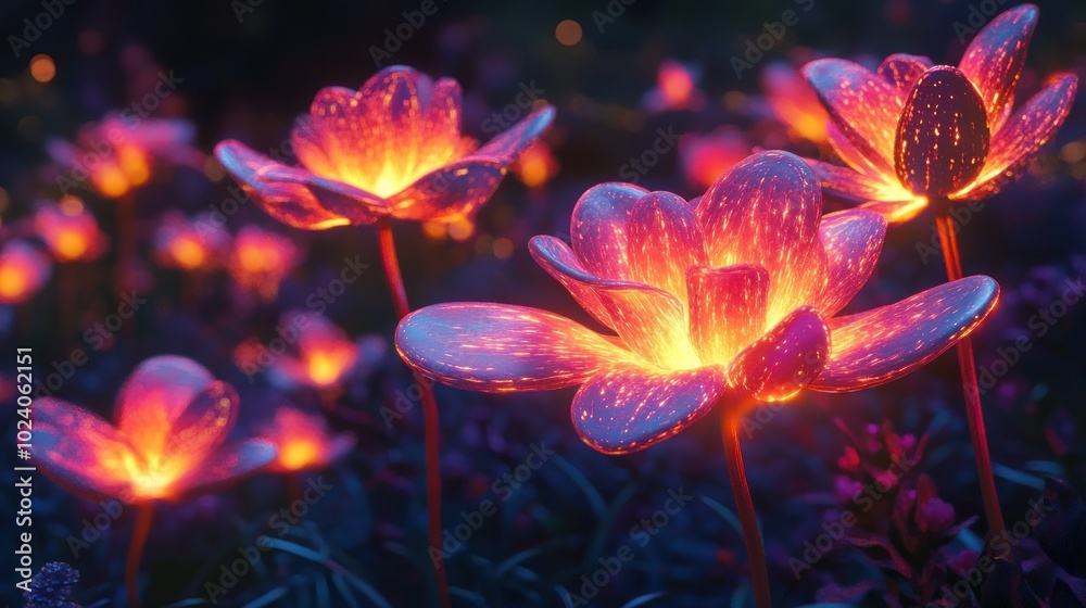 Create a 3D representation of a garden blooming with luminescent flowers, their petals emitting radiant patterns. Create a 3D representation of a garden blooming with luminescent flowers, their petals emitting radiant patterns.