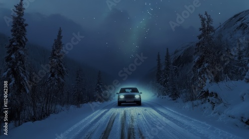 Car Under Northern Lights on Snowy Road