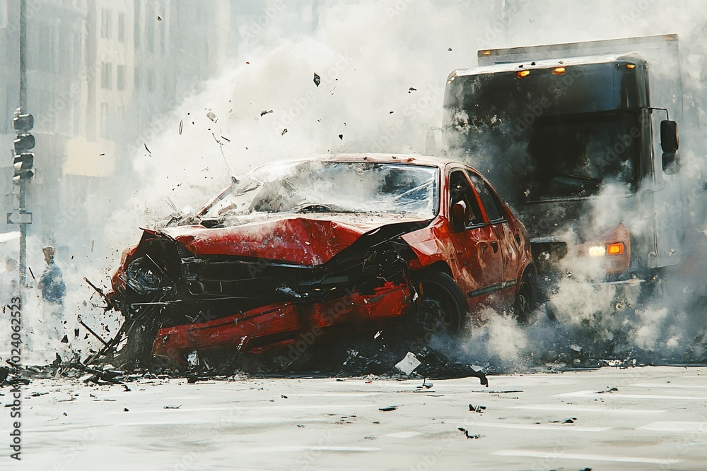 A red car is totaled in a collision with a truck on a city street. A red car is totaled in a collision with a truck on a city street.