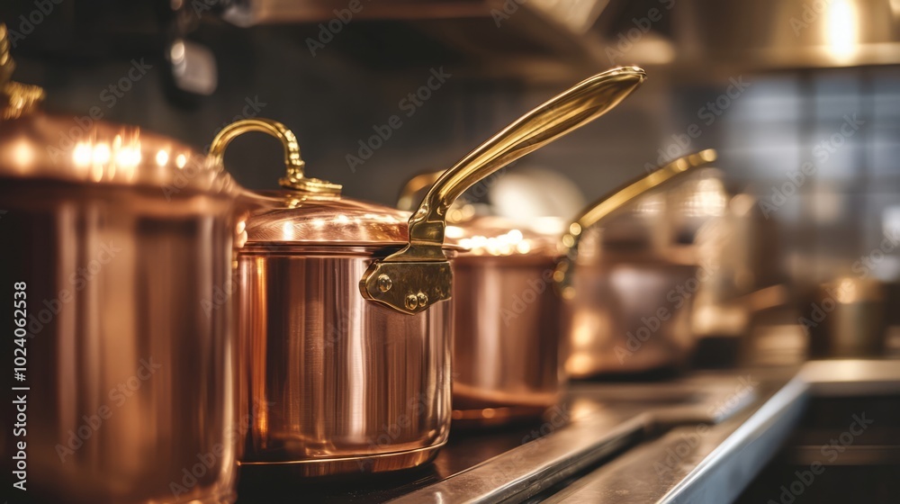 Close-up of shiny copper cookware with brass handles in a kitchen, showcasing classic culinary tools. Concept of traditional cooking, craftsmanship, and gourmet cuisine Close-up of shiny copper cookware with brass handles in a kitchen, showcasing classic culinary tools. Concept of traditional cooking, craftsmanship, and gourmet cuisine