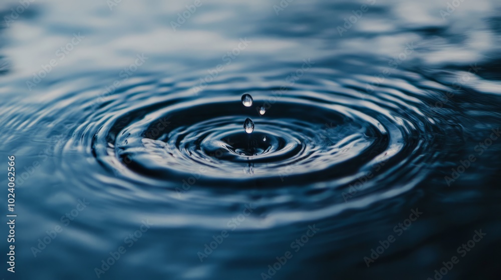 Close-up of water droplet impact creating concentric ripples on dark water surface. Concept of nature, tranquility, fluid dynamics, and minimalism Close-up of water droplet impact creating concentric ripples on dark water surface. Concept of nature, tranquility, fluid dynamics, and minimalism