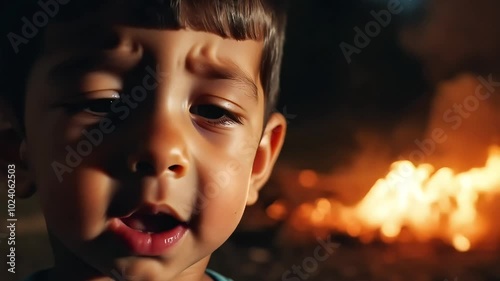 A close-up of a young child with fire glowing in the background, expressing a mix of wonder and concern in a dramatic setting