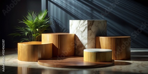 3D Wooden and Marble Pedestals for Abstract Geometric Stages, Ideal for Award Ceremony and Product Presentation