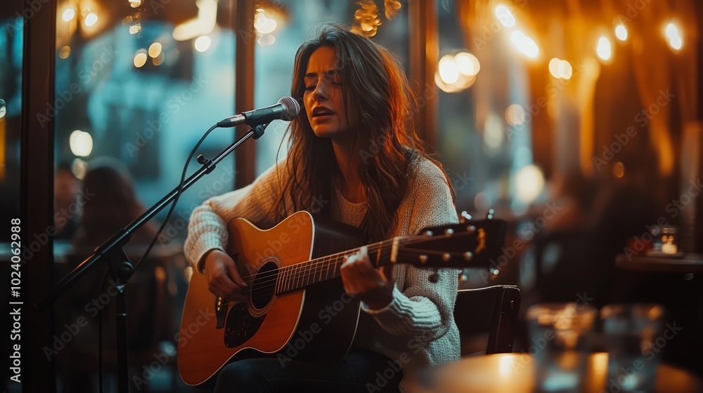 Fototapeta premium Female singer performing an acoustic set in a cozy cafe. The intimate setting and audience are visible in the background