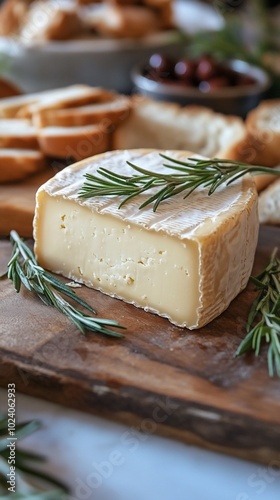 A round of creamy cheese with rosemary sprigs on a wooden cutting board, next to sliced bread and olives.