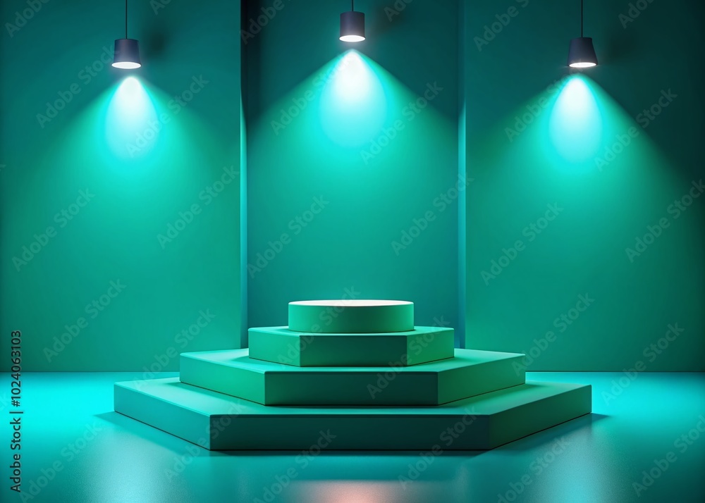 Obraz premium Abstract 3D Rendering of Winner Podium in Bluegreen for Product Showcase Display, Ideal for Marketing and Presentation