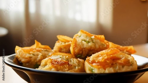 A bowl of crispy, golden dumplings with a savory filling, served in a warm, cozy setting, capturing the essence of Asian cuisine