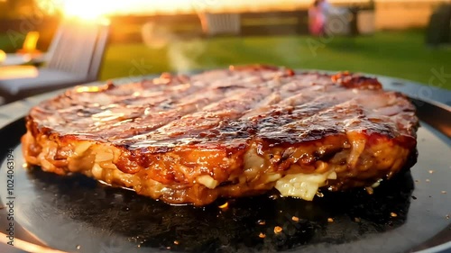 A juicy grilled steak on a plate at sunset, with the golden light enhancing its texture, capturing the essence of outdoor dining