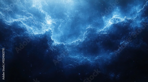 A cosmic scene depicting swirling clouds of blue and light, evoking a sense of wonder.