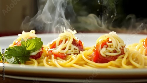 Steaming plate of spaghetti with meatballs topped with cheese, garnished with fresh basil, capturing the warmth and comfort of a classic Italian meal