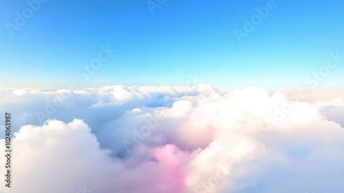 A breathtaking view of fluffy white clouds from above, with a serene blue sky, capturing the peaceful and airy atmosphere of flying