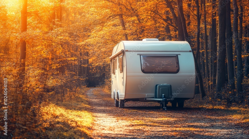 Travel trailer parked in forest wilderness nature in autumn or fall season outdoors. Summer campsite adventure with motorhome Travel trailer parked in forest wilderness nature in autumn or fall season outdoors. Summer campsite adventure with motorhome