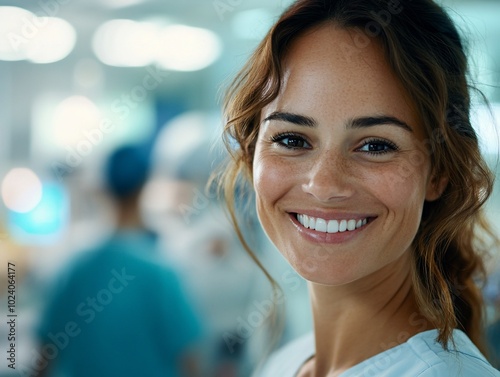 A smiling woman wearing scrubs stands in a hospital setting.