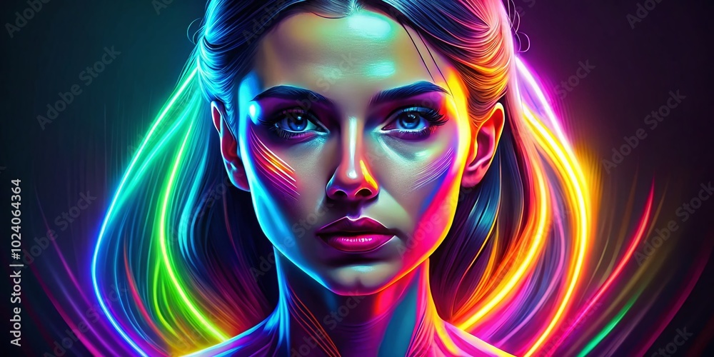 Abstract Neon Woman Portrait in Linear Art Style Over Dark Background - Vector Illustration for Modern Design Projects Abstract Neon Woman Portrait in Linear Art Style Over Dark Background - Vector Illustration for Modern Design Projects