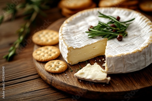 A wheel of brie cheese with a slice cut out, decorated with rosemary sprigs and peppercorns, on a wooden board, with crackers to the side.