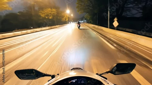 A night motorcycle ride captured from a rider’s perspective, highlighting the thrill and freedom of speeding through the city under bright lights