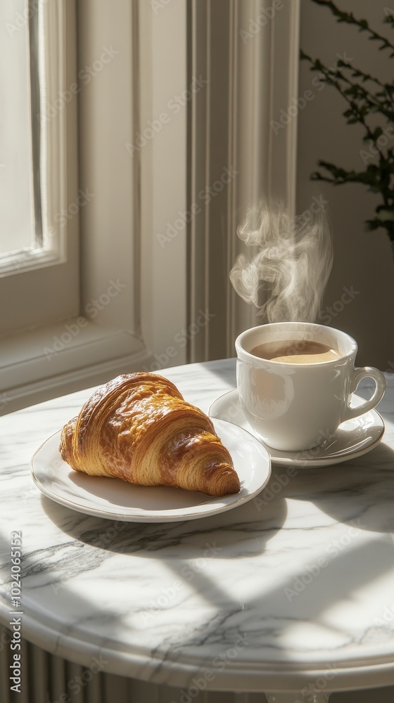 Cozy morning with fresh croissant and steaming coffee by the window Cozy morning with fresh croissant and steaming coffee by the window