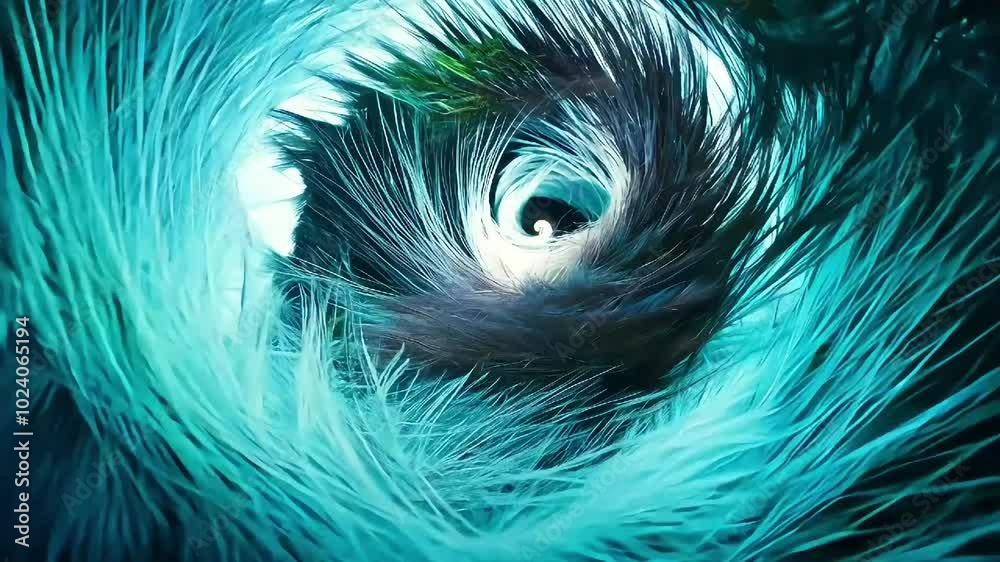 A surreal vortex of teal feathers swirling inward, creating a sense of mystery and depth with its hypnotic, dynamic motion
