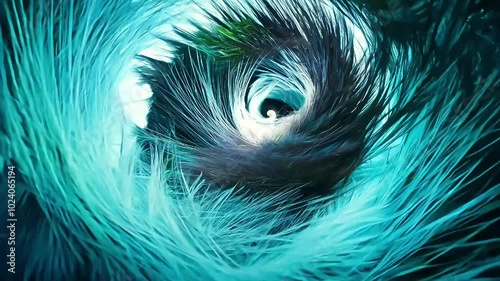 A surreal vortex of teal feathers swirling inward, creating a sense of mystery and depth with its hypnotic, dynamic motion