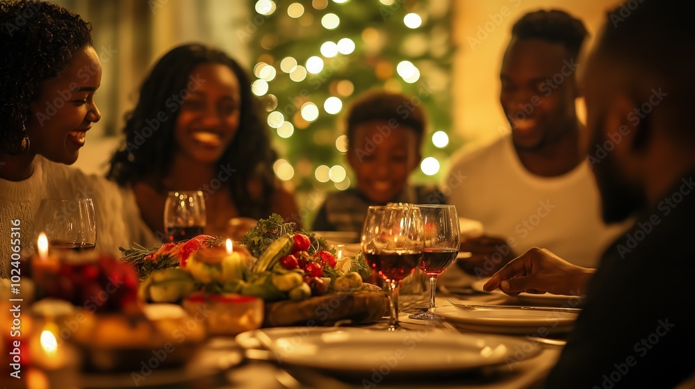 Family gathered around a dinner table sharing a joyful holiday meal in a cozy setting with warm lighting Family gathered around a dinner table sharing a joyful holiday meal in a cozy setting with warm lighting