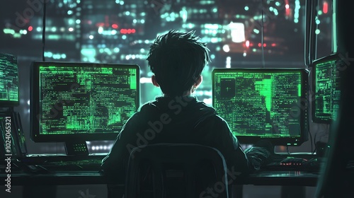 A Hacker Working at Night in a City with Green Screens and Code