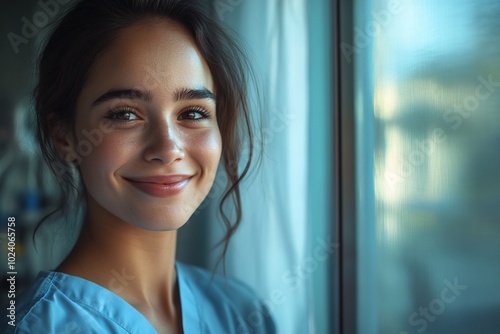 A young female nurse smiles warmly at the camera while standing by a window in a hospital.