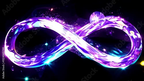 A luminous infinity symbol with purple and blue hues against a cosmic backdrop, symbolizing eternity and boundless possibilities