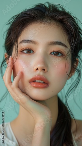 beauty, portrait, soft light, skincare, makeup, woman, close-up, casual, aesthetic, hand pose, hair, fashion, model, face, glamour, brunette, skin, person, one, sensual, people, closeup, lady, hairsty