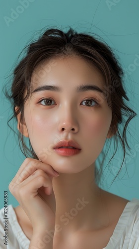 beauty, portrait, soft light, skincare, makeup, woman, close-up, casual, aesthetic, hand pose, hair, fashion, model, face, glamour, brunette, skin, person, one, sensual, people, closeup, lady, hairsty