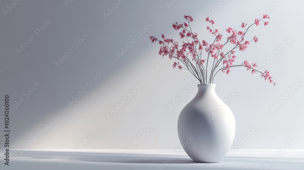 A simple white vase with pink flowers in a white room with a ray of light. A simple white vase with pink flowers in a white room with a ray of light.