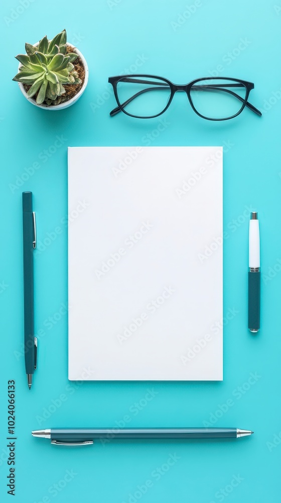 Minimalist workspace with glasses, notebook, pens, and succulent plant Minimalist workspace with glasses, notebook, pens, and succulent plant