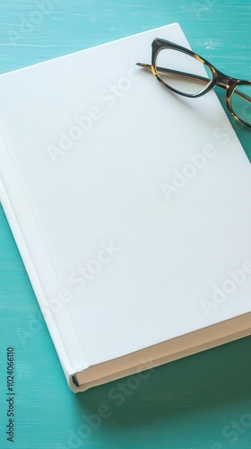 Blank book cover on a blue table with eyeglasses on top photo