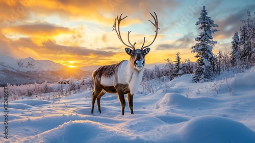 Reindeer in Winter Wonderland at Sunset