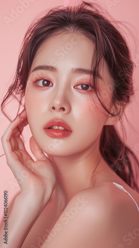 beauty, portrait, soft light, skincare, makeup, woman, close-up, casual, aesthetic, hand pose, hair, fashion, model, face, glamour, brunette, skin, person, one, sensual, people, closeup, lady, hairsty