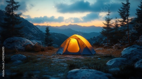 A lit tent sits on a mountainside surrounded by trees, with a view of a mountainous horizon.