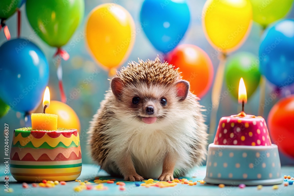 Adorable hedgehog grinning joyfully, surrounded by a festive birthday cake, perfect for celebrations and happy moments filled with laughter and Adorable hedgehog grinning joyfully, surrounded by a festive birthday cake, perfect for celebrations and happy moments filled with laughter and