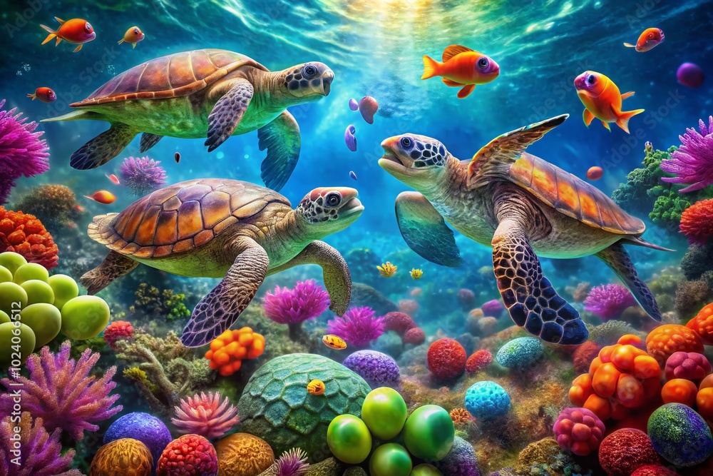 Fototapeta premium Adorable sea turtles swim below, surrounded by friendly marine life, creating a whimsical underwater pattern perfect for kids to enjoy and explore