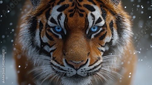 Close-up portrait of a majestic Siberian tiger with piercing blue eyes looking directly at the camera in a snowy environment.