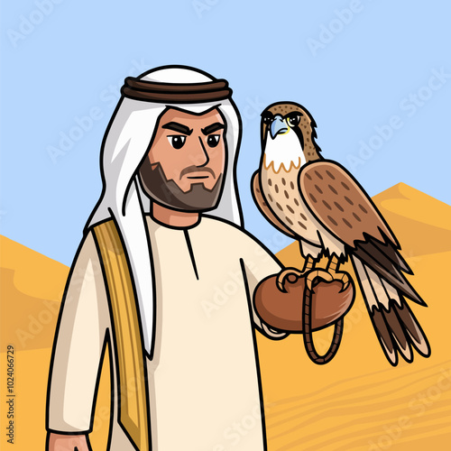 Man in traditional attire holding a falcon in the desert.