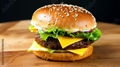 A delicious cheeseburger with fresh lettuce, tomatoes, and melted cheese stacked between sesame seed buns, capturing the essence of classic fast food