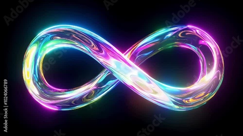 A glowing infinity symbol made of luminous, rainbow-colored glass against a dark background, symbolizing eternity and boundless potential
