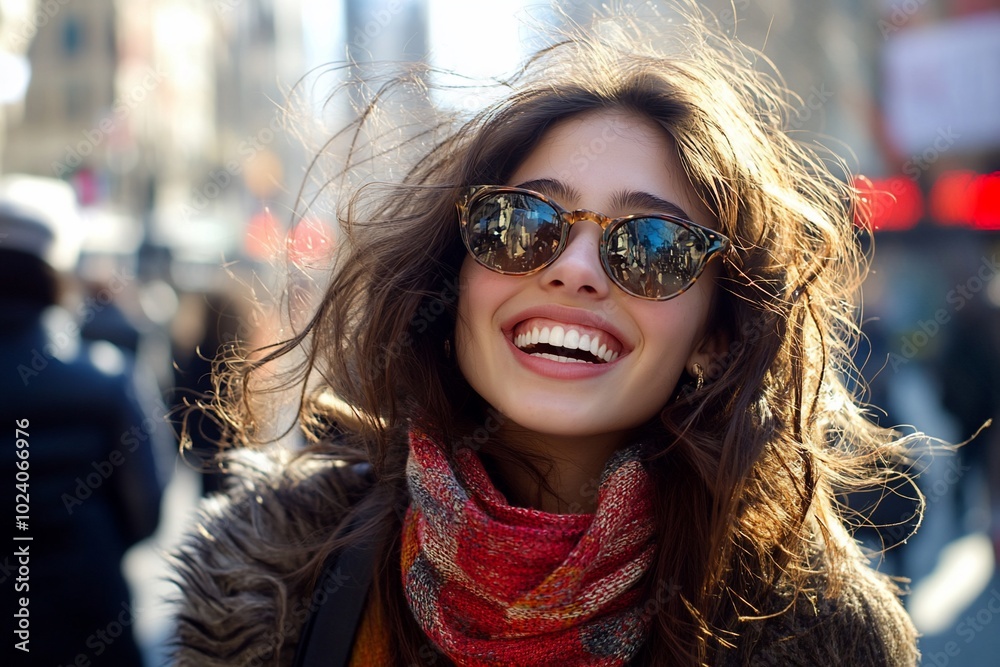 A young woman with long brown hair, wearing sunglasses and a red scarf, smiles brightly while walking through a busy city street. A young woman with long brown hair, wearing sunglasses and a red scarf, smiles brightly while walking through a busy city street.