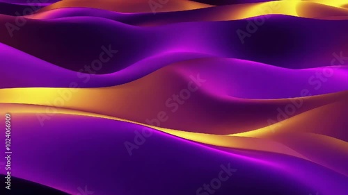 Vibrant waves of purple and gold flow in abstract patterns, creating a soothing and mesmerizing visual of undulating shapes, reminiscent of a surreal landscape
