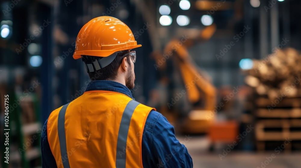 Worker in Safety Gear in Active Industrial Setting Worker in Safety Gear in Active Industrial Setting