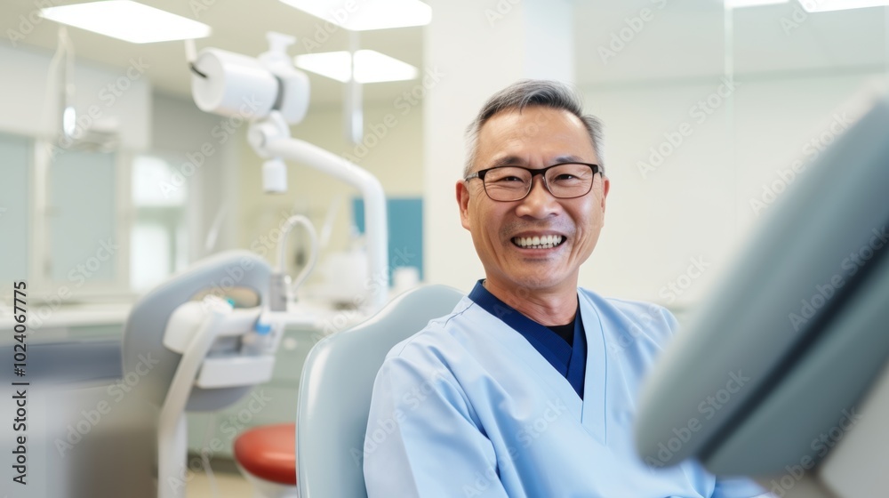 A dentist is happily smiling while seated comfortably in a dental chair, ready to provide care and service to patients seeking dental assistance A dentist is happily smiling while seated comfortably in a dental chair, ready to provide care and service to patients seeking dental assistance